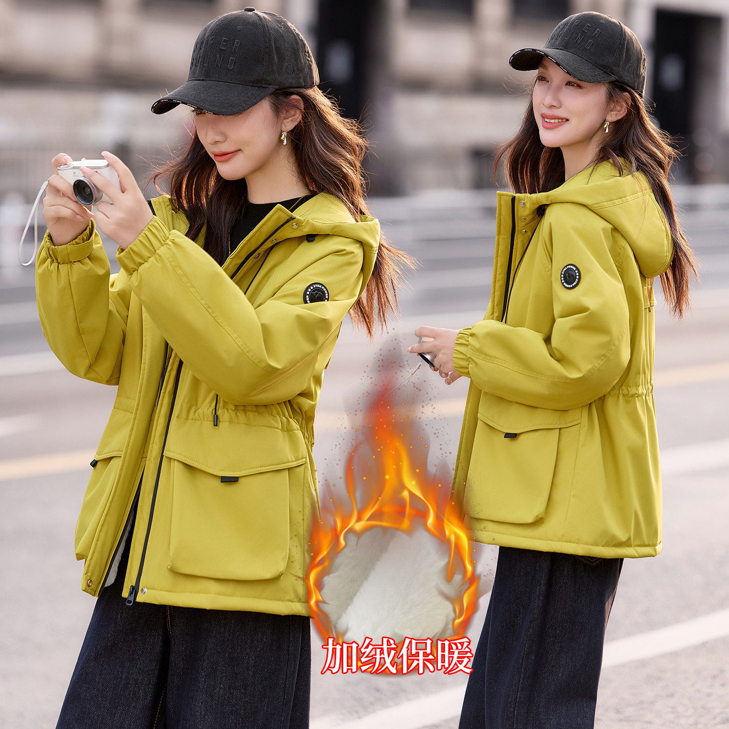 冬季薄款好看优质休闲风内胆精品新款加绒连帽冲锋衣外套棉服女