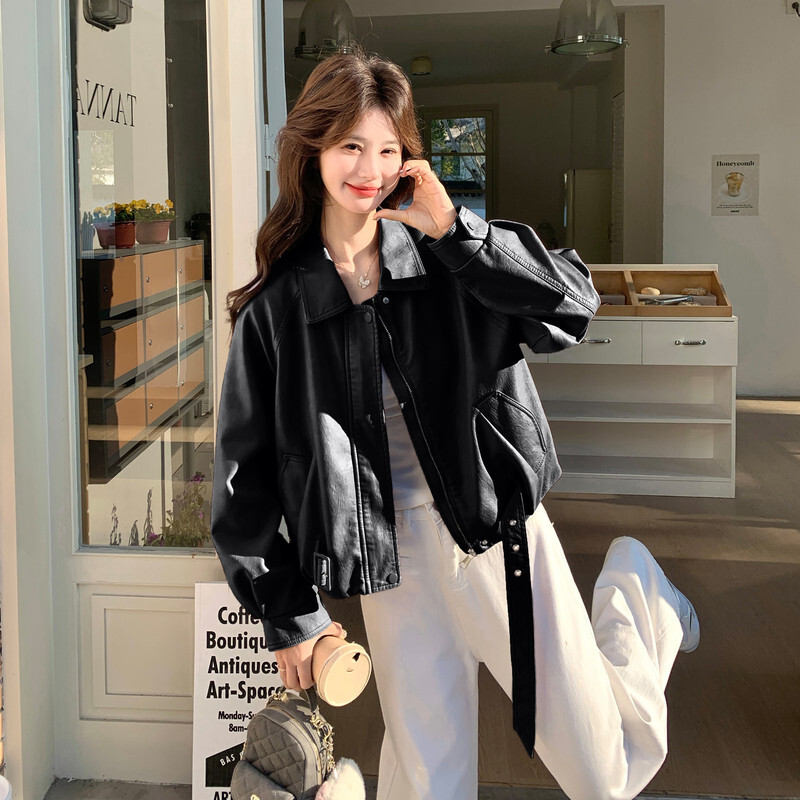 显瘦新款上市宽松型立领优质PU皮美洋精品秋款皮衣外套