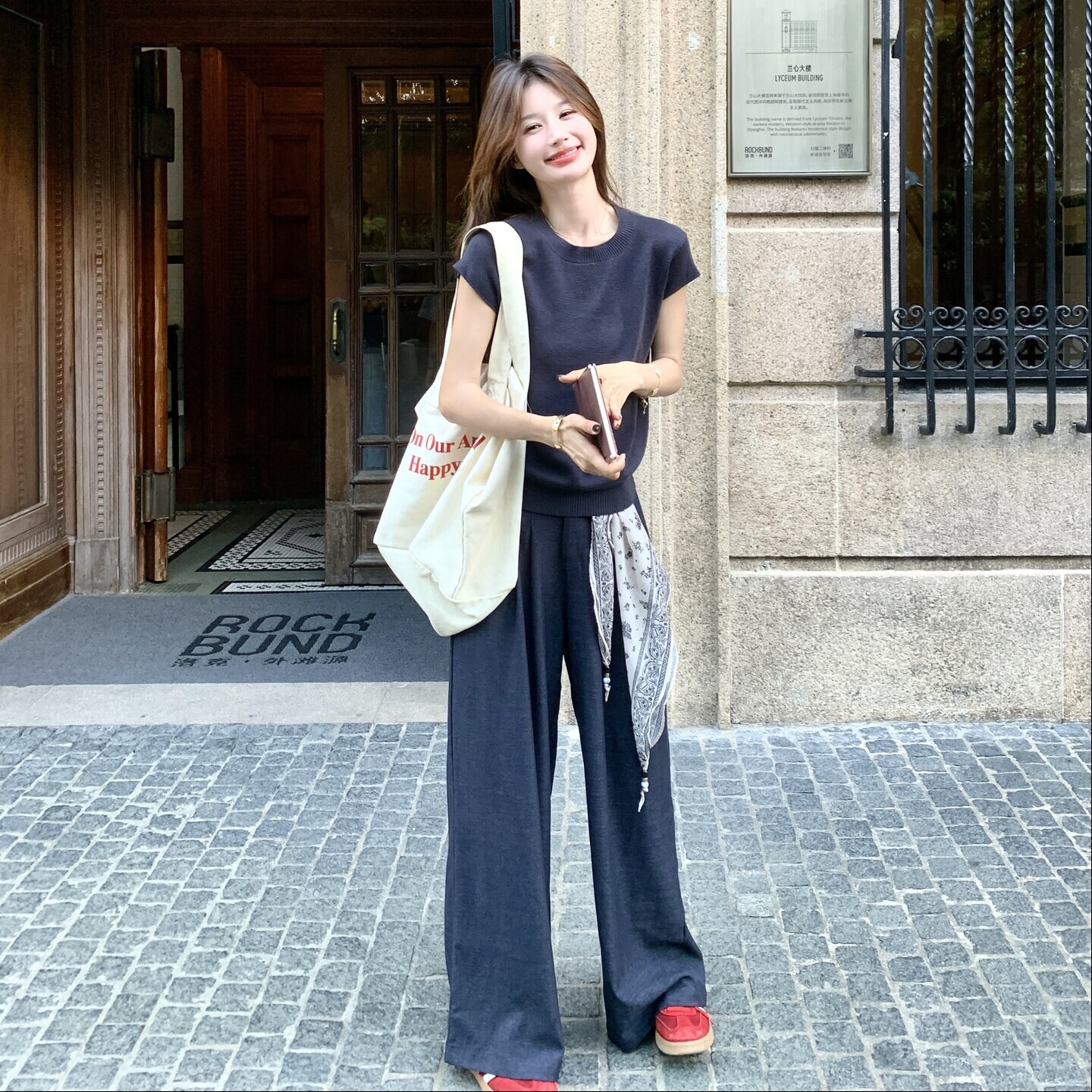 韩系简约藏青针织小飞袖套装女夏季圆领短上衣垂感阔腿裤两件套