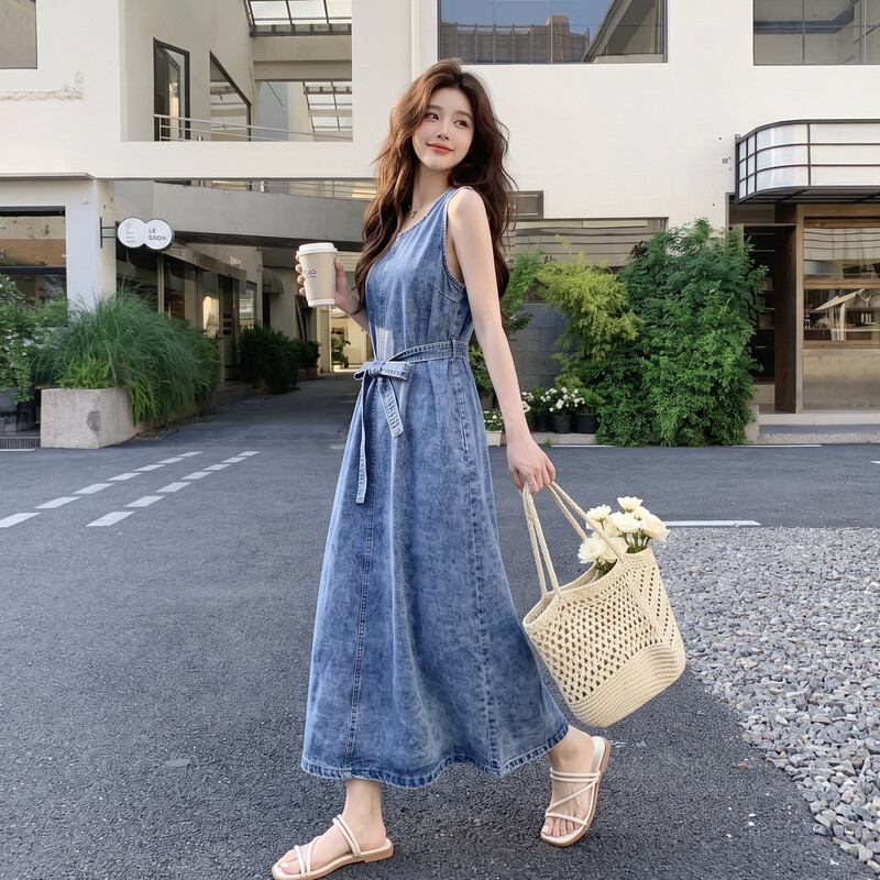夏季显瘦度假优质H版型宽松精品女士新款中古牛仔无袖背心连衣裙