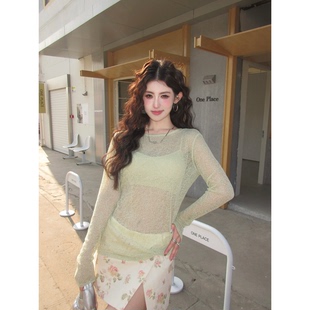 夏季辣妹斜肩微透防晒罩衫配吊带宽松圆领显瘦长袖两件套