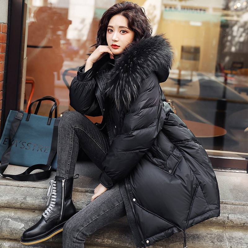 玫红色羽绒服女中长款90白鸭绒毛领外套时尚韩版加厚短款仿毛