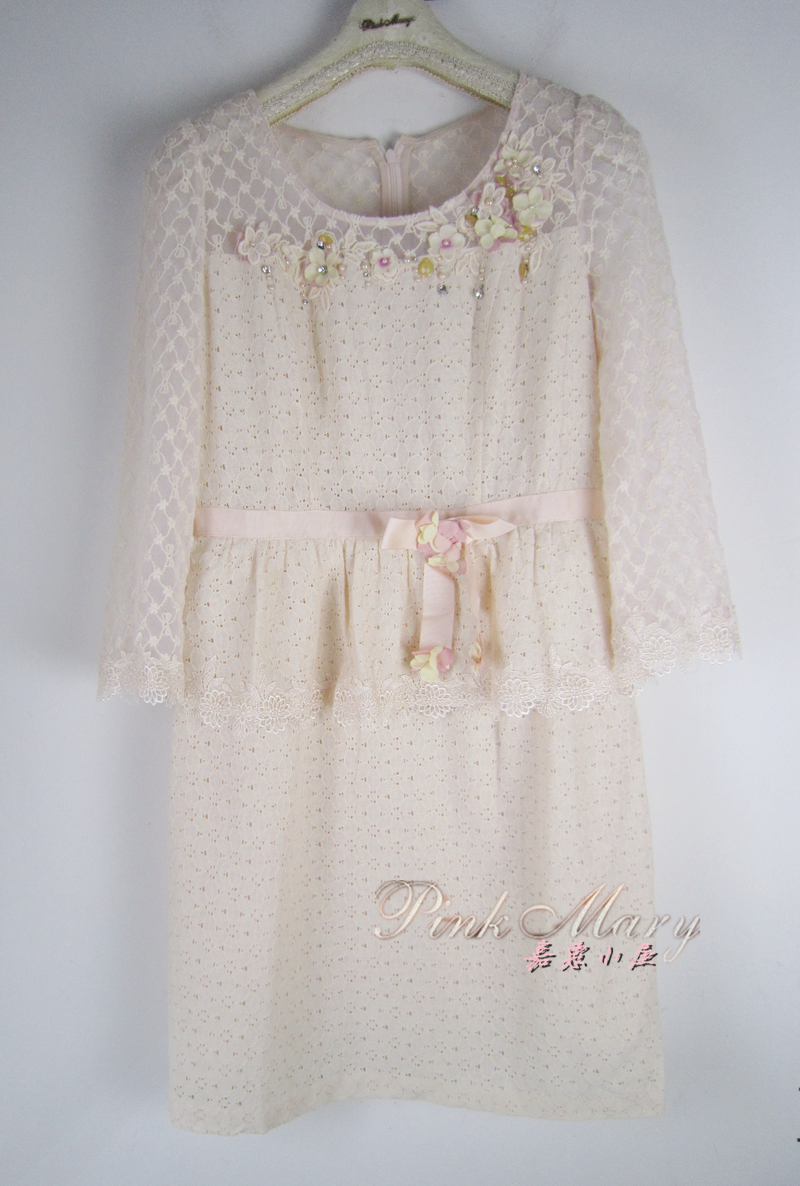 pink mary粉红玛琍/粉红玛丽 夏绣花钉钻圆领七分袖连衣裙 标齐