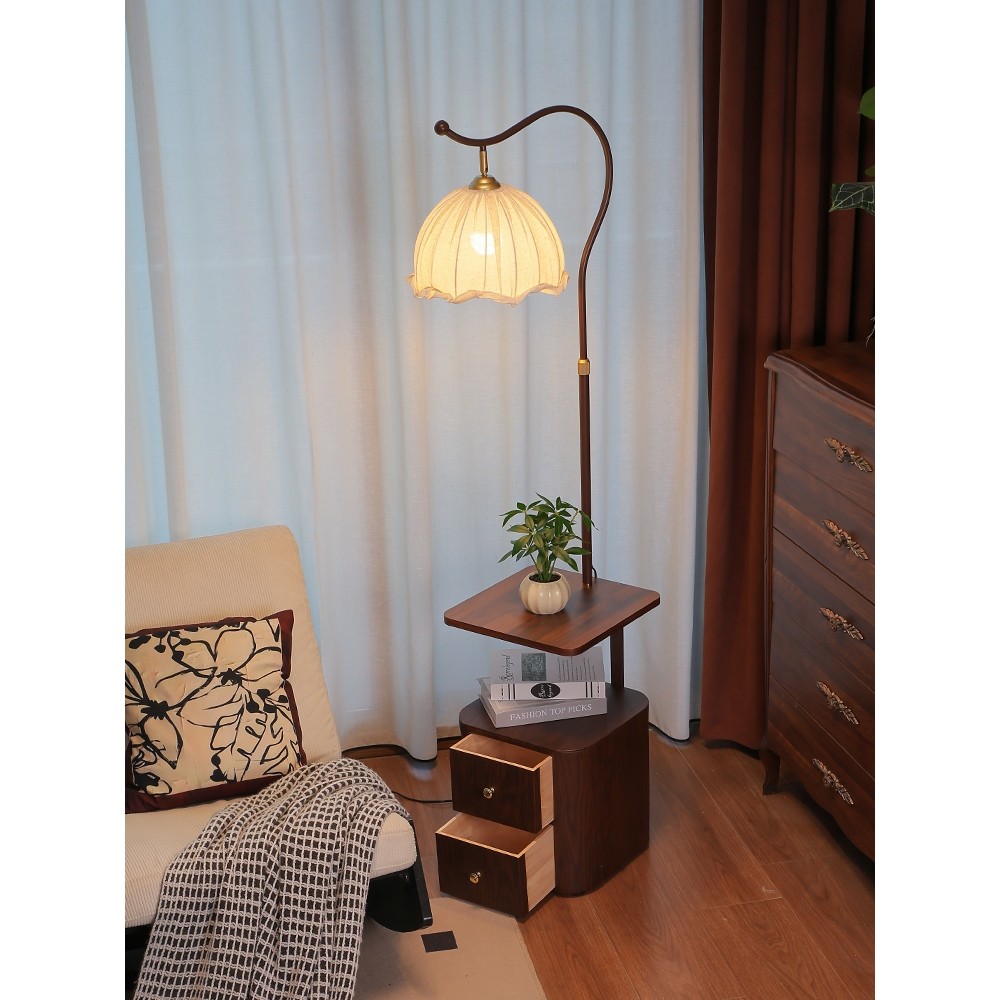 落地灯实木床头柜一体中古风卧室高级感客厅沙发旁边氛围边几台灯,家装灯饰光源,置物功能落地灯,淘宝优惠券,粉丝福利购,淘宝优惠卷