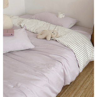 春夏柔软浅紫色60支水洗纯棉床品被套窄边1.8双人床单床笠四件套