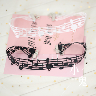 白色原宿简约音符锁骨链颈链蕾丝音符短款颈链洛丽塔颈链百搭颈链