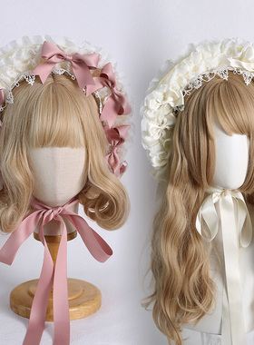 多色生成色Lolita汉洋折衷草帽cla系优雅蕾丝蝴蝶结bnt扁帽波奈特