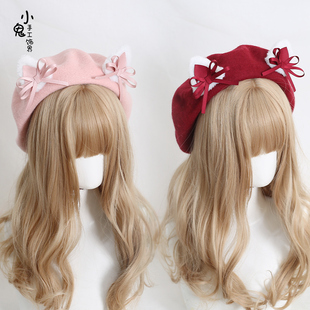 日系lolita少女蝴蝶结猫耳贝雷帽萌甜美可爱蓓蕾帽子秋冬季 猫耳帽