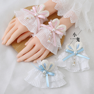 原创呲甜粉蓝兔耳lolita蝴蝶结手套蕾丝花边手袖 女甜lo娘搭配护腕