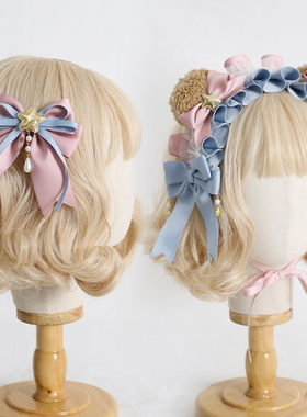 原创粉蓝洛丽塔发夹蝴蝶结发箍熊耳小熊马卡龙蕾丝Lolita发饰KC