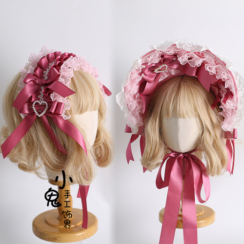 Lolita双宫丝版丝绒蛋糕华丽doll感波奈特粉色bnt小礼帽蕾丝发带