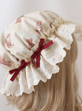 日系doll感小熊兔bb帽Lolita蝴蝶结帽子童趣洛丽塔蕾丝花边睡帽