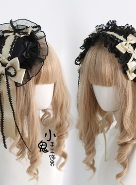 原创华丽黑金丝缎芭蕾lolita发带边夹顶夹小礼帽发箍kc梦中蝴蝶结