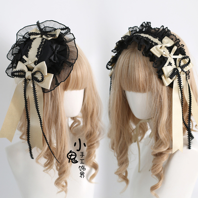 原创华丽黑金丝缎芭蕾lolita发带边夹顶夹小礼帽发箍kc梦中蝴蝶结