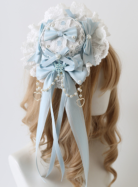 圣诞G浅蓝色Lolita蕾丝蝴蝶结发夹小礼帽洛丽塔冰蓝cla系扁帽子