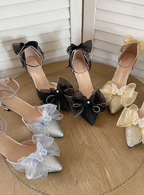 优雅Lolita哥特蝴蝶结蕾丝高跟鞋尖头成人礼花嫁浅金灰色lo鞋细跟