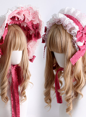 玫红色Lolita丝绒蛋糕华丽doll感波奈特bnt小礼帽蕾丝发带款小物