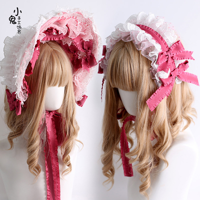 玫红色Lolita丝绒蛋糕华丽doll感波奈特bnt小礼帽蕾丝发带款小物