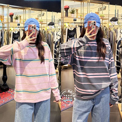 moussy米奇限定条纹圆领T恤衫女