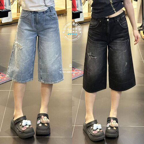 MOUSSY日系做旧七分牛仔短裤女