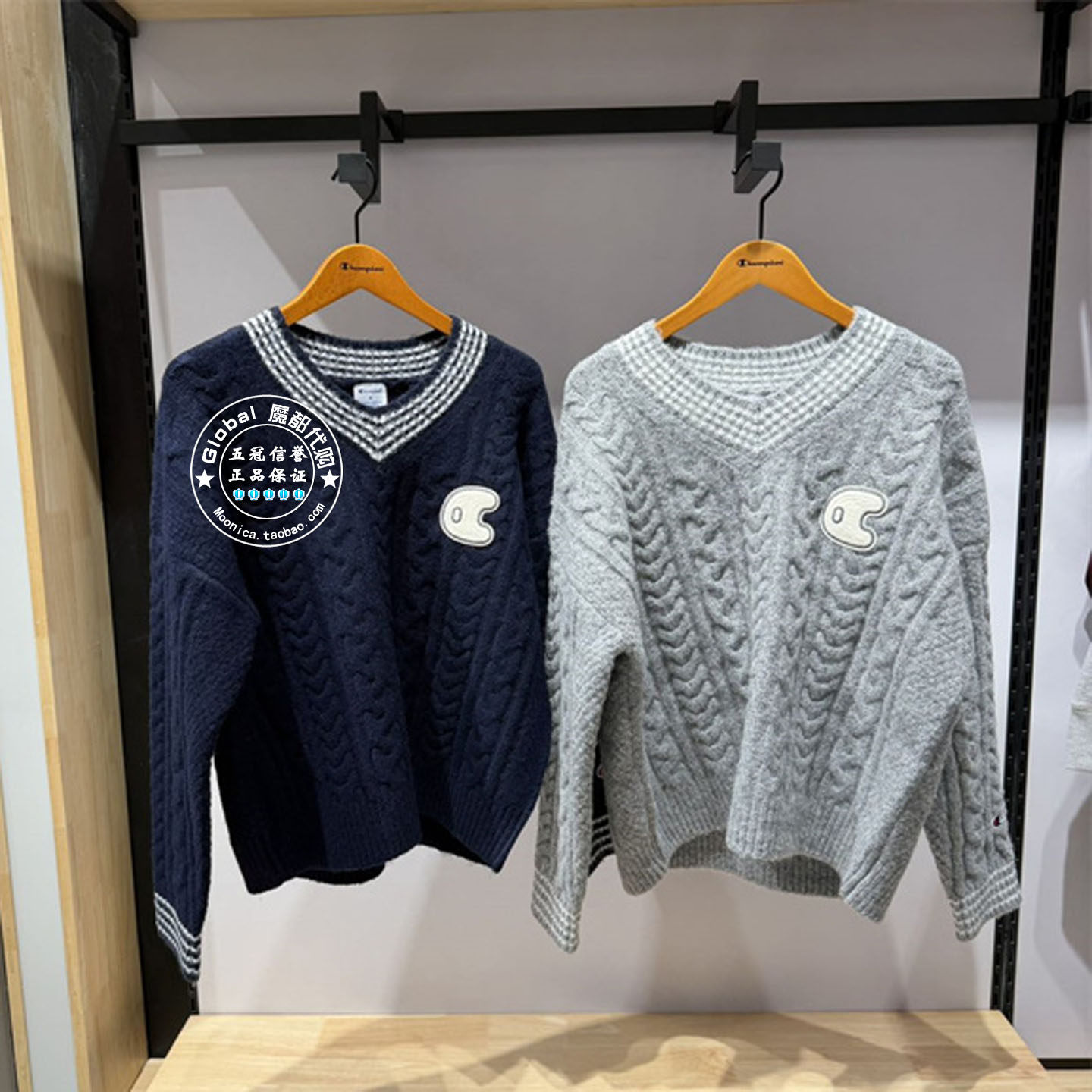 CHAMPION冠军国内代购 25秋 粗麻花V领长袖针织衫女 U5CKNSW005