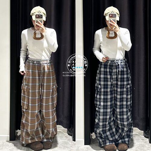 MOUSSY日系松紧腰格纹阔腿裤子女