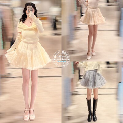 SNIDEL春木耳边网纱松紧腰半裙