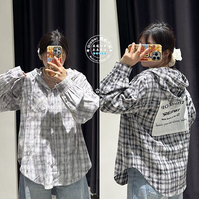 MOUSSY日系连帽格纹长袖衬衫女