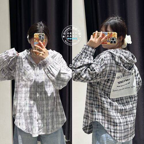 MOUSSY日系连帽格纹长袖衬衫女