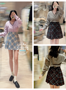SNIDEL 国内代购 25秋冬 日系学院风格纹毛呢半身裙裤 SWFP255050