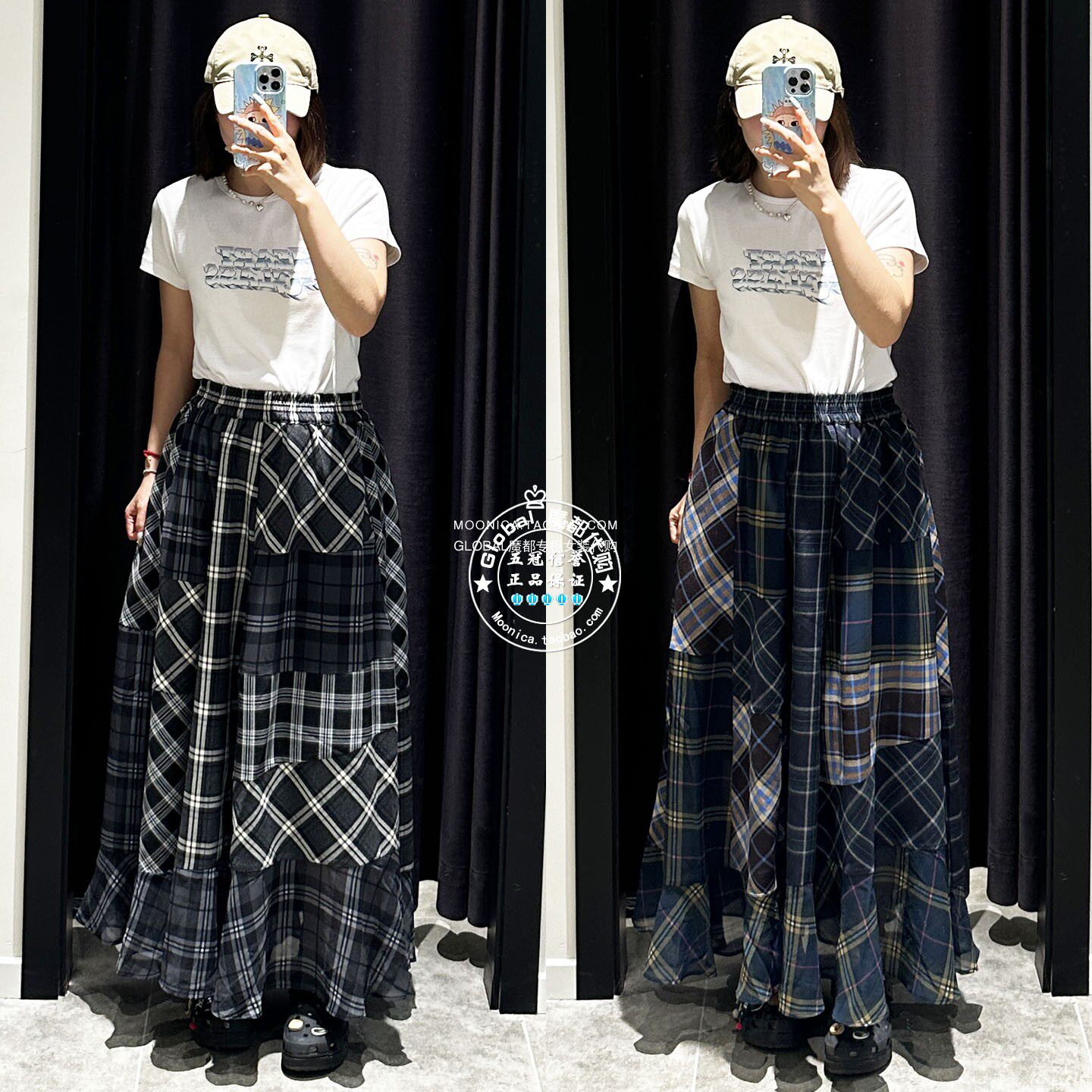 MOUSSY2025秋格纹A字半身裙松紧