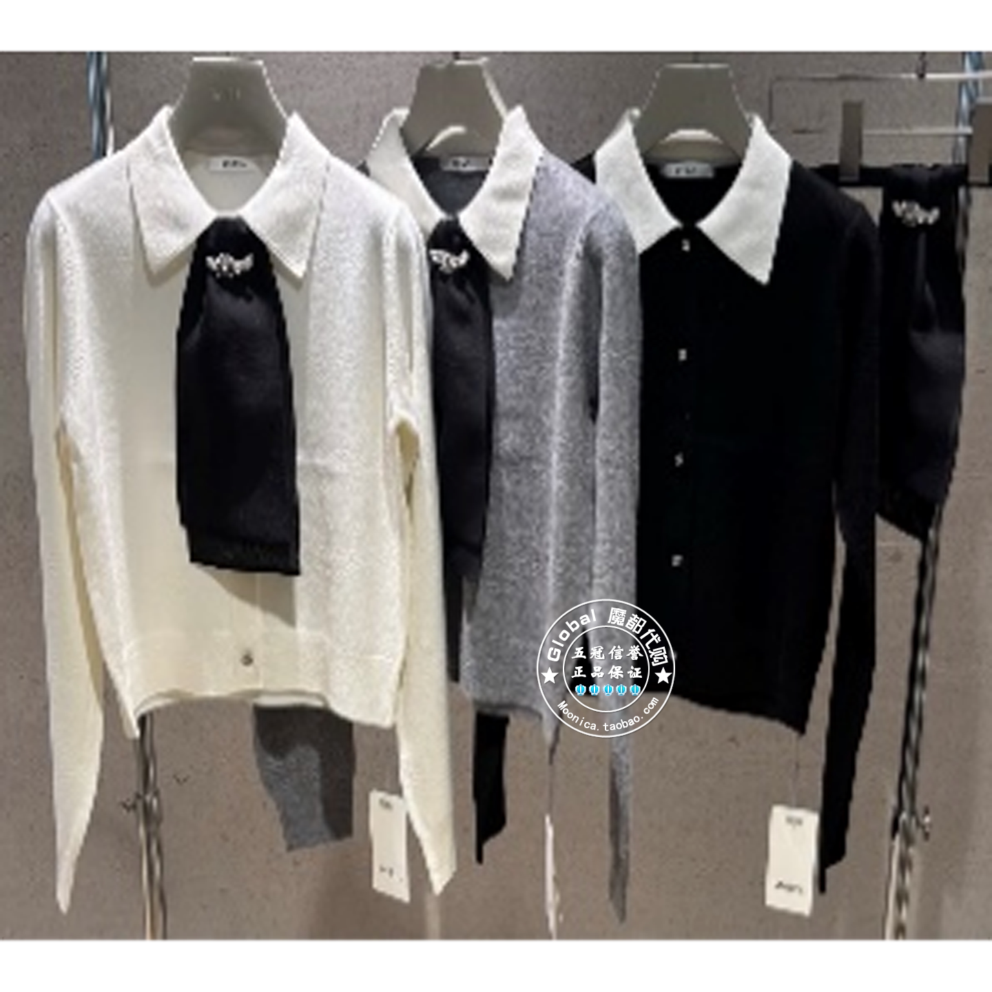 SNIDEL 国内代购 25冬 百搭水钻领结翻领针织开衫 SWNT255114