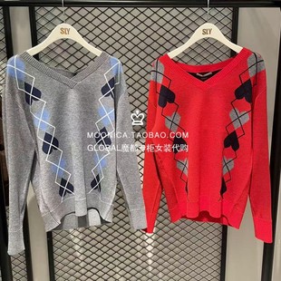 030JSA70 SLY国内代购 上衣女 日系围巾V领菱格针织衫 0981 26春