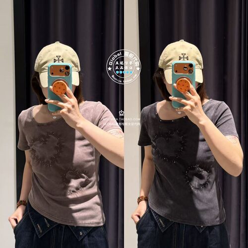 MOUSSY26夏做旧爱心斜领T恤衫女