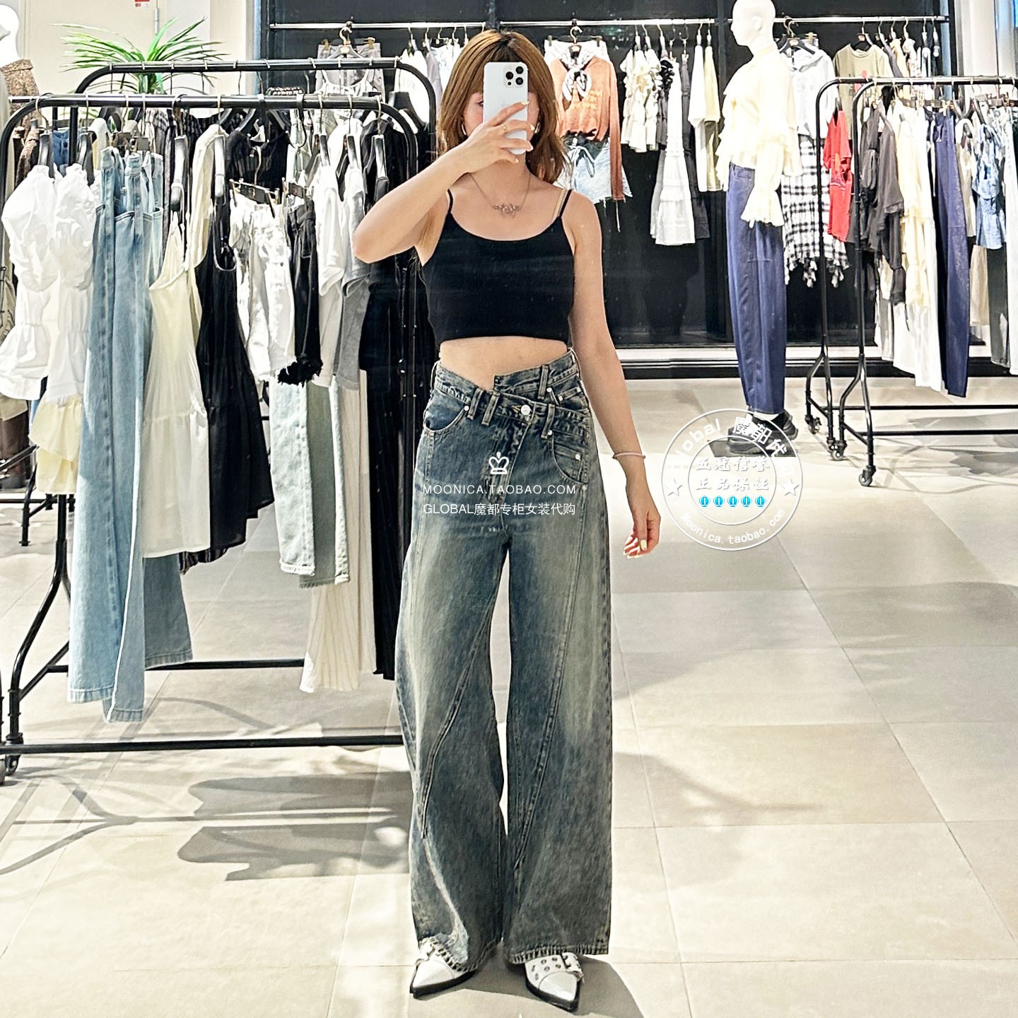 SLY复古斜扣直筒阔腿牛仔裤女