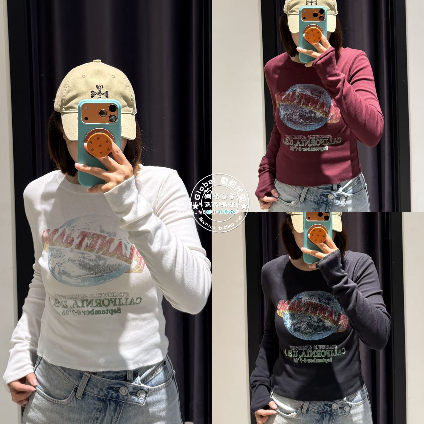 MOUSSY26秋做旧印花短款长袖T恤