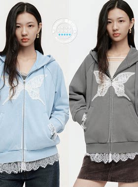 MOUSSY少女蕾丝连帽卫衣上衣
