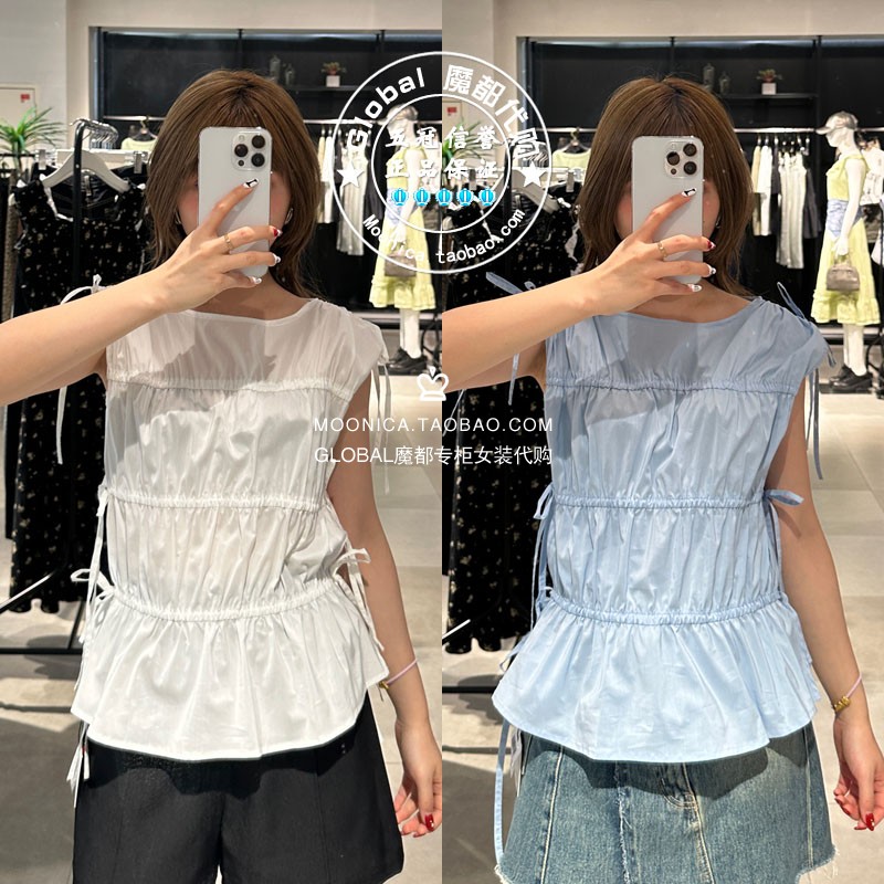 SLY圆领百搭系带无袖衬衫背心女