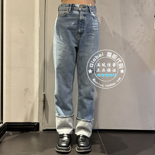 秋冬棉翻边直筒牛仔裤女