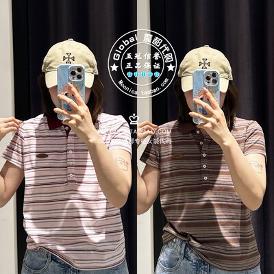 moussy拼色翻领条纹短袖T恤衫女