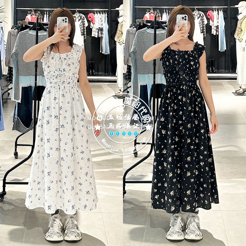 SLY碎花荷叶边方领无袖连衣裙子