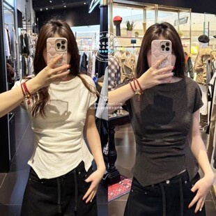 上衣031JSA80 褶皱收腰T恤衫 1002 26春夏BLACK短袖 MOUSSY国内代购