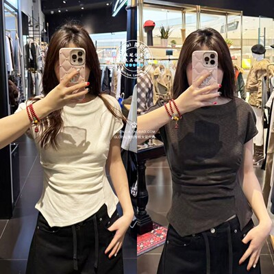 MOUSSY26春夏黑色褶皱收腰T恤衫