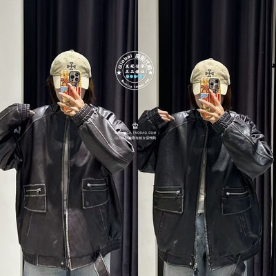 MOUSSY中性立领拉链皮夹克衫外套