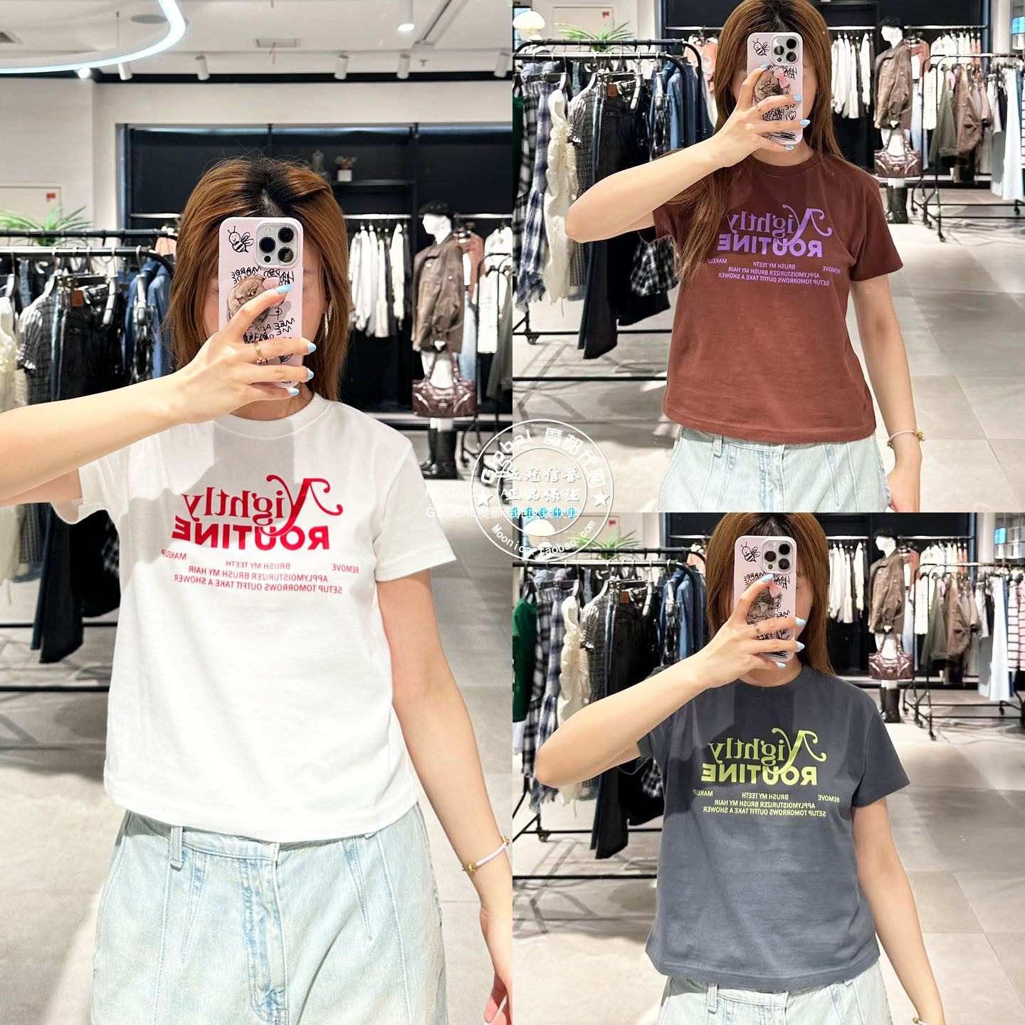 做旧字母圆领短袖修身棉T恤衫女