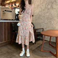 Real price ~ new versatile V-neck sleeveless slim slim side split floral dress has been tested