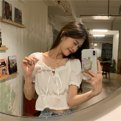 Real price - Summer versatile short shirt with ear lace up waist and bubble sleeve