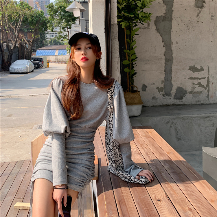 Real shot real price versatile solid color design bubble sleeve pleated drawstring buttock wrap dress checked