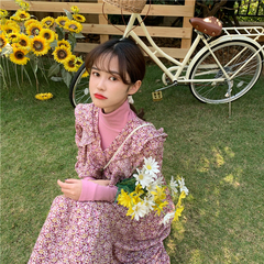 Real price ~ temperament V-neck High Waist Long Floral Dress + versatile slim solid color bottom coat