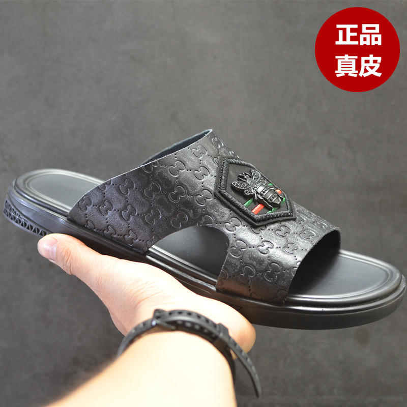 夏季真皮拖鞋男英伦风耐磨软底一字拖居家小蜜蜂休闲凉拖鞋沙滩鞋